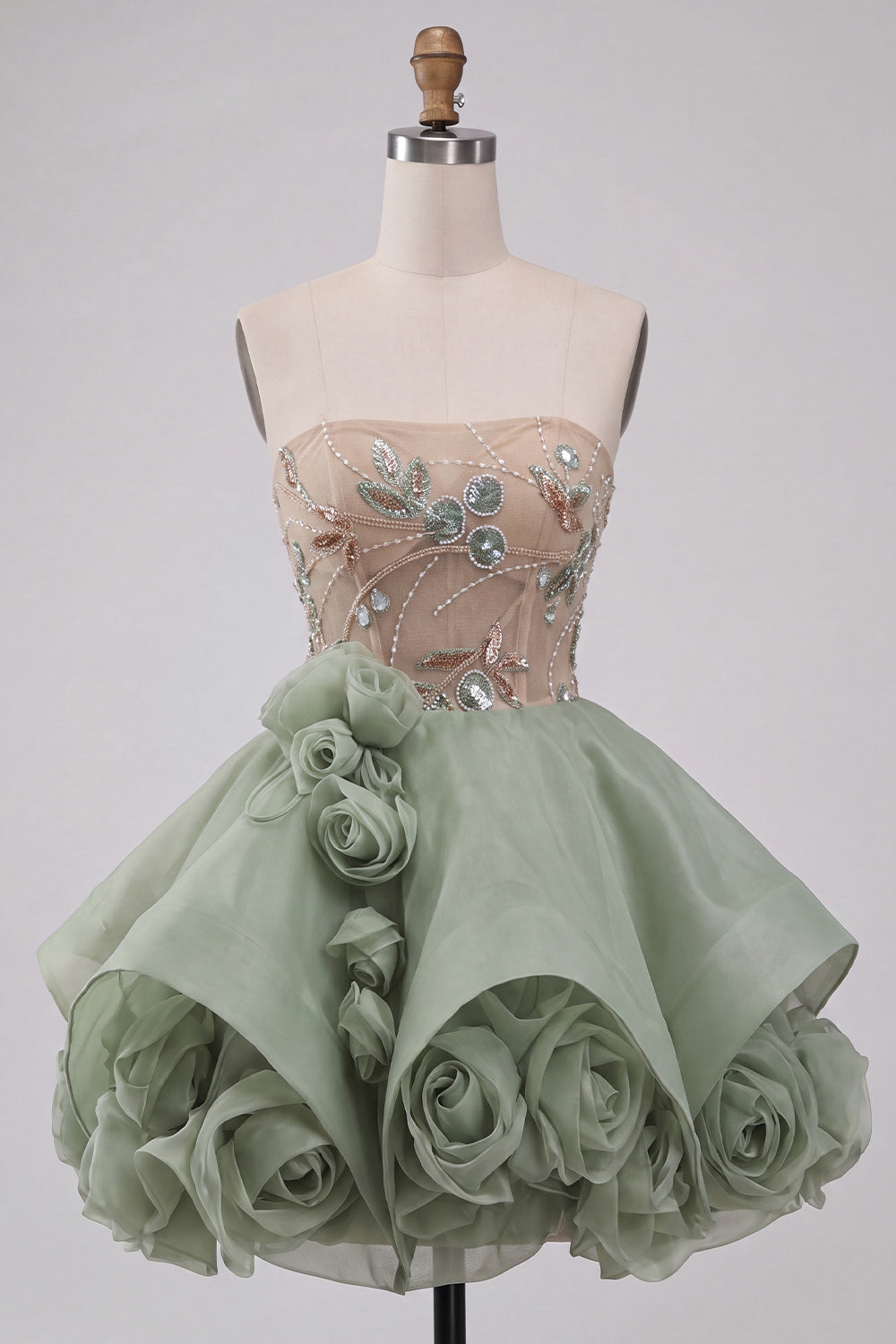 Dusty Sage Strapless A-Line Corset Lace Up Back Sequins Short Homecoming Dress with 3D Flowers