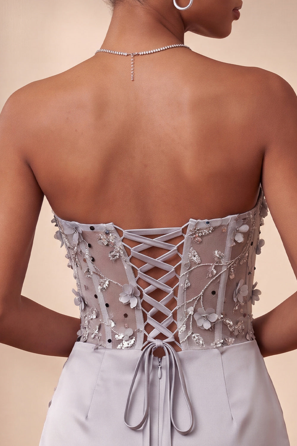 Grey Strapless Floral Sheer Corset Ruched Satin Homecoming Dress with Lace Up Back