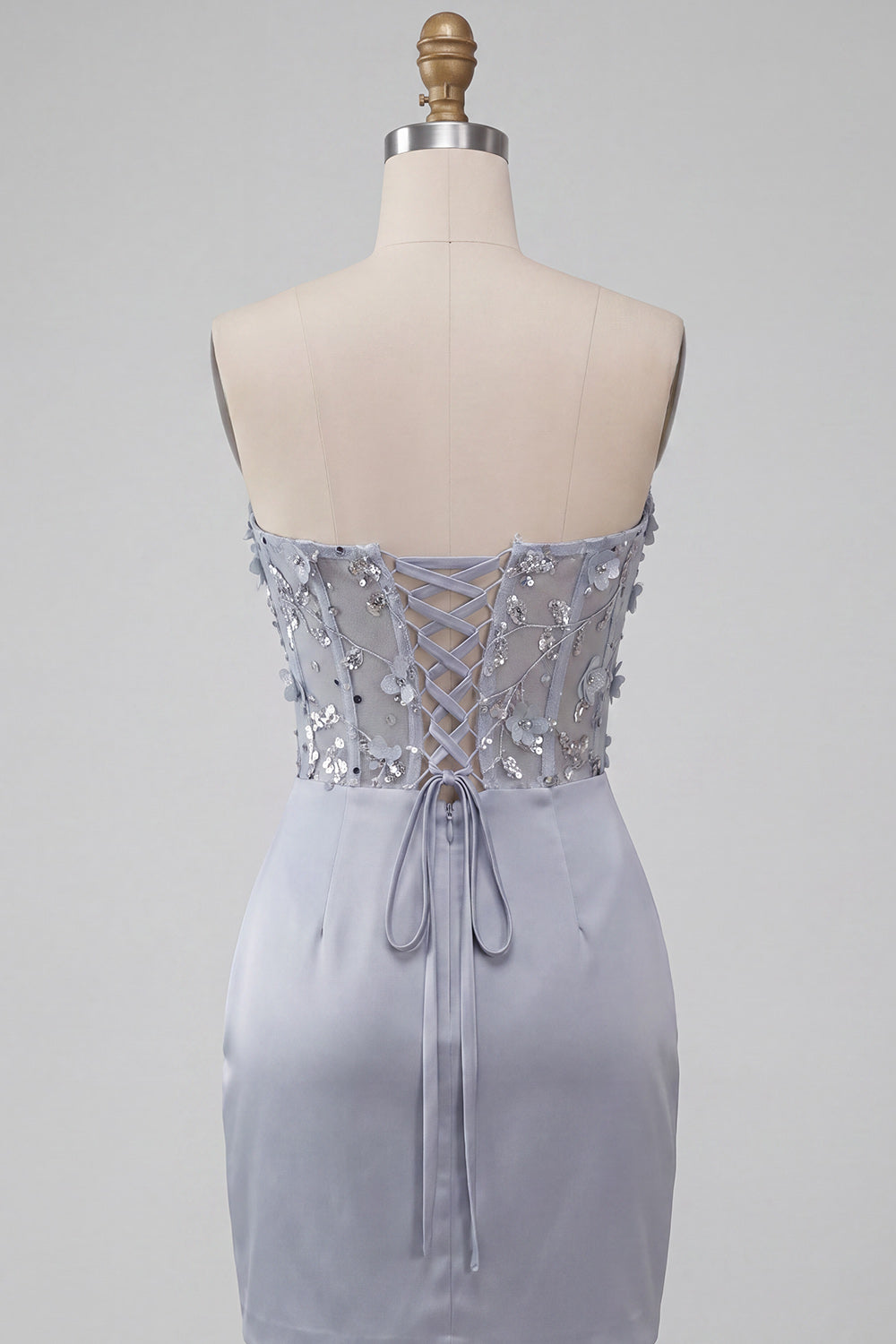 Grey Strapless Floral Sheer Corset Ruched Satin Homecoming Dress with Lace Up Back