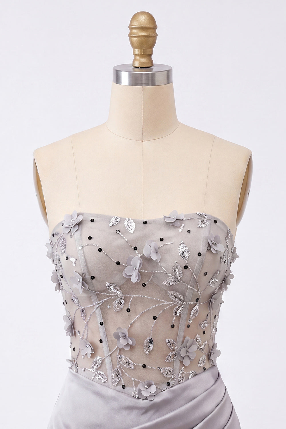 Grey Strapless Floral Sheer Corset Ruched Satin Homecoming Dress with Lace Up Back