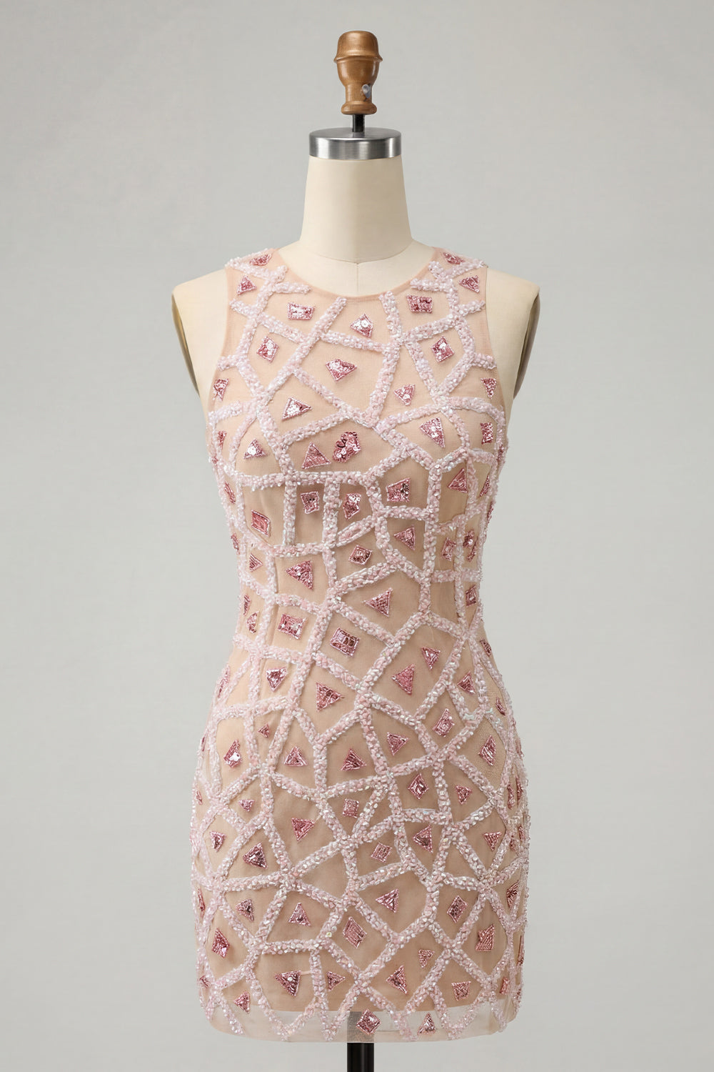 Blush Beaded Round Neck Short Homecoming Bodycon Dress