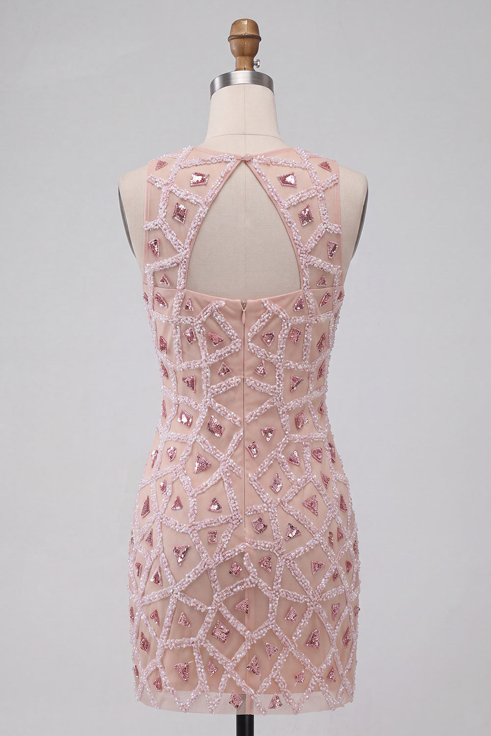 Blush Beaded Round Neck Short Homecoming Bodycon Dress