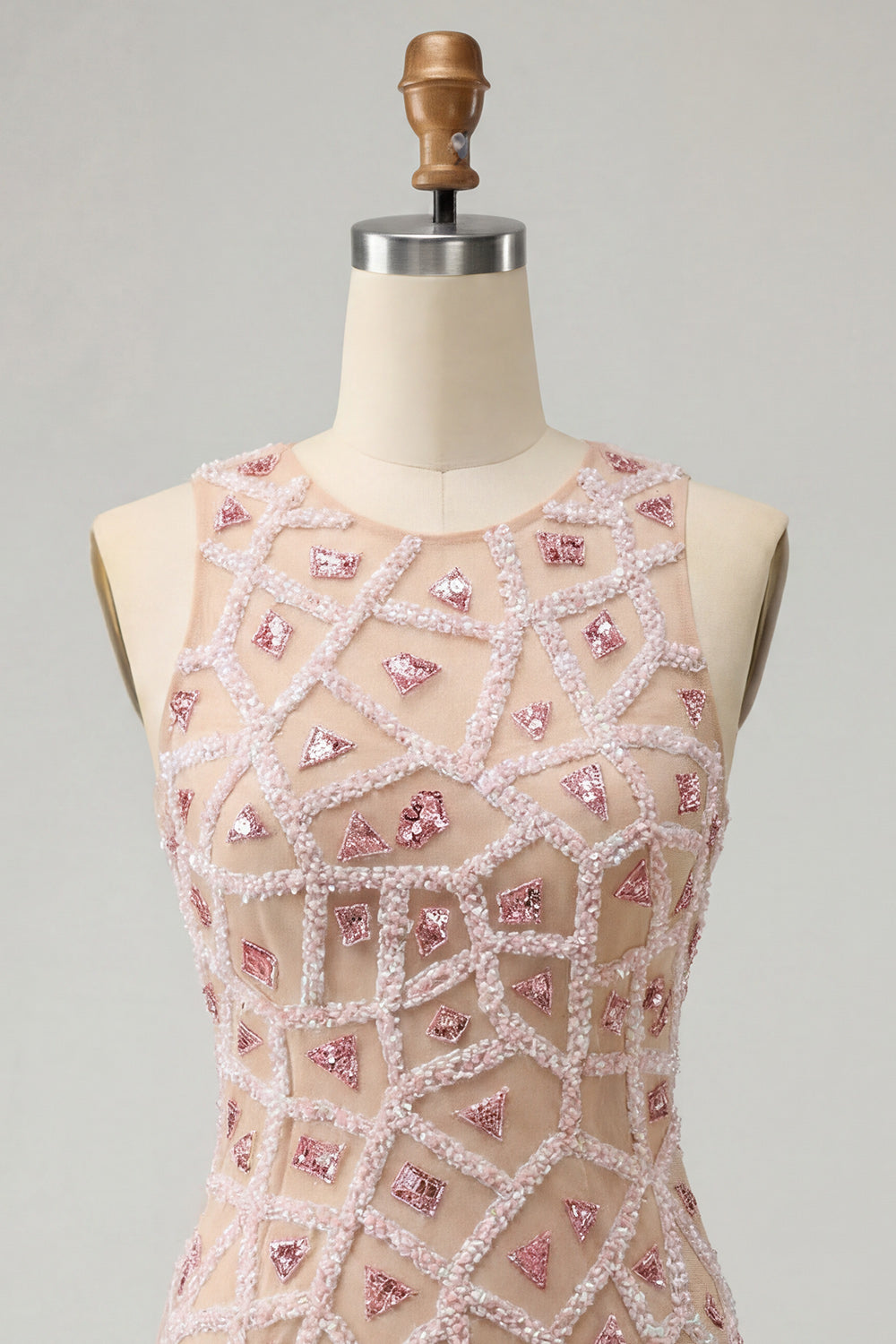 Blush Beaded Round Neck Short Homecoming Bodycon Dress