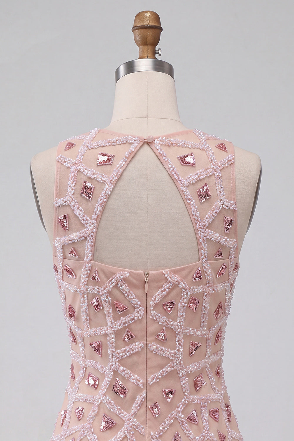 Blush Beaded Round Neck Short Homecoming Bodycon Dress