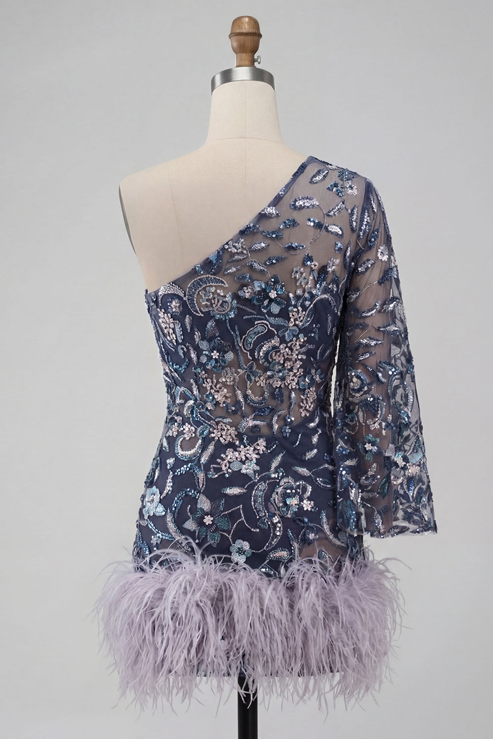 Navy One Shoulder Bodycon Beaded Sequins Homecoming Dress with Feathers