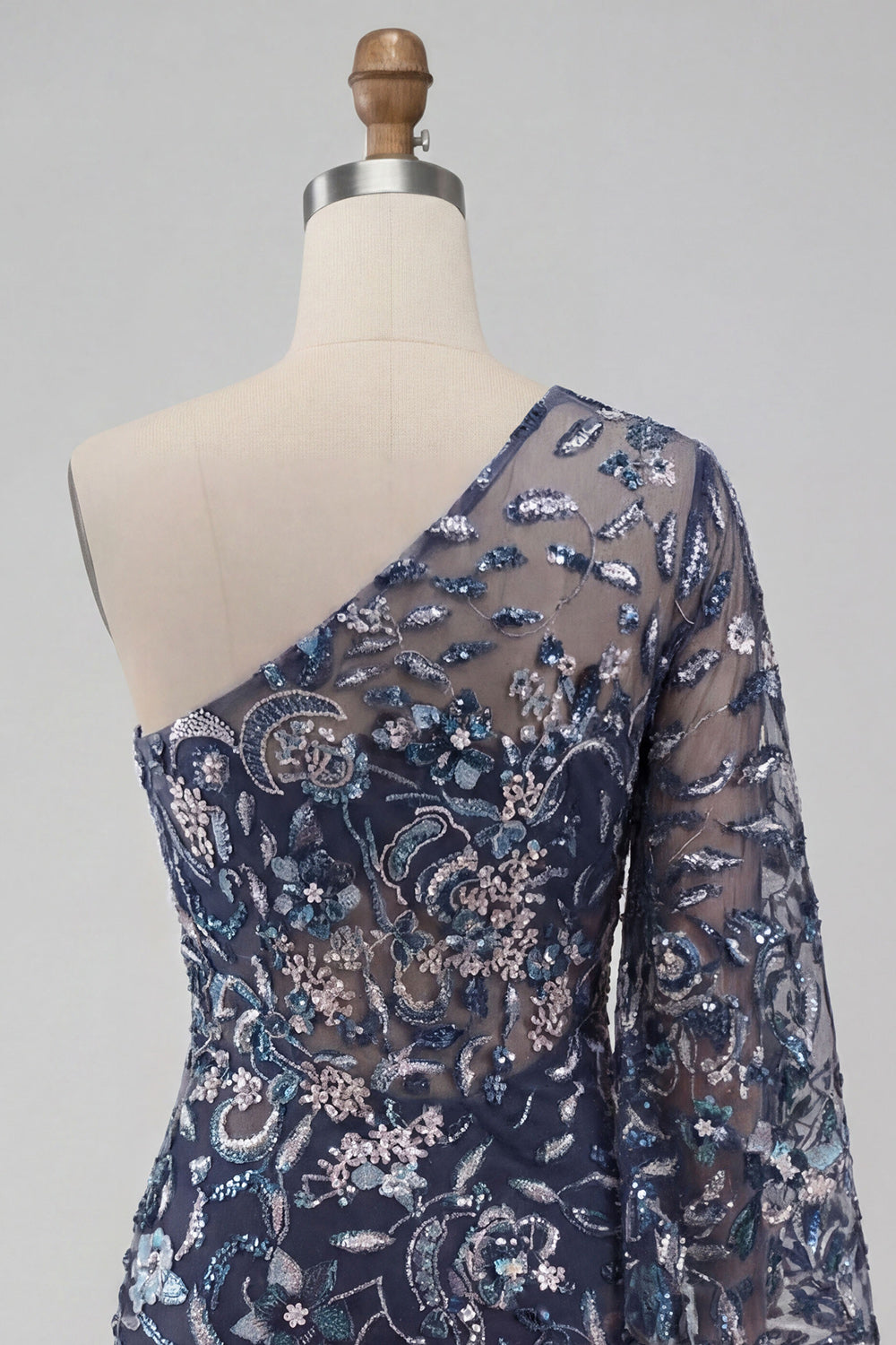Navy One Shoulder Bodycon Beaded Sequins Homecoming Dress with Feathers