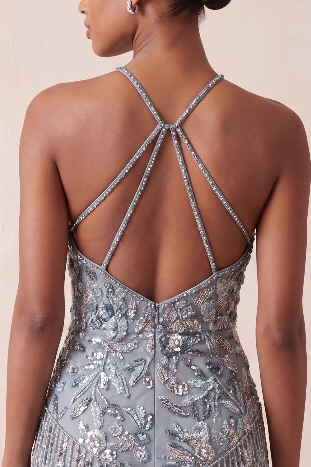 Halter Neck Grey Bodycon Floral Beaded Short Homecoming Dress with Fringes