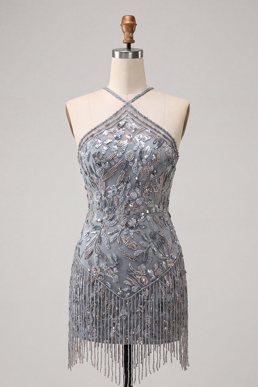 Halter Neck Grey Bodycon Floral Beaded Short Homecoming Dress with Fringes