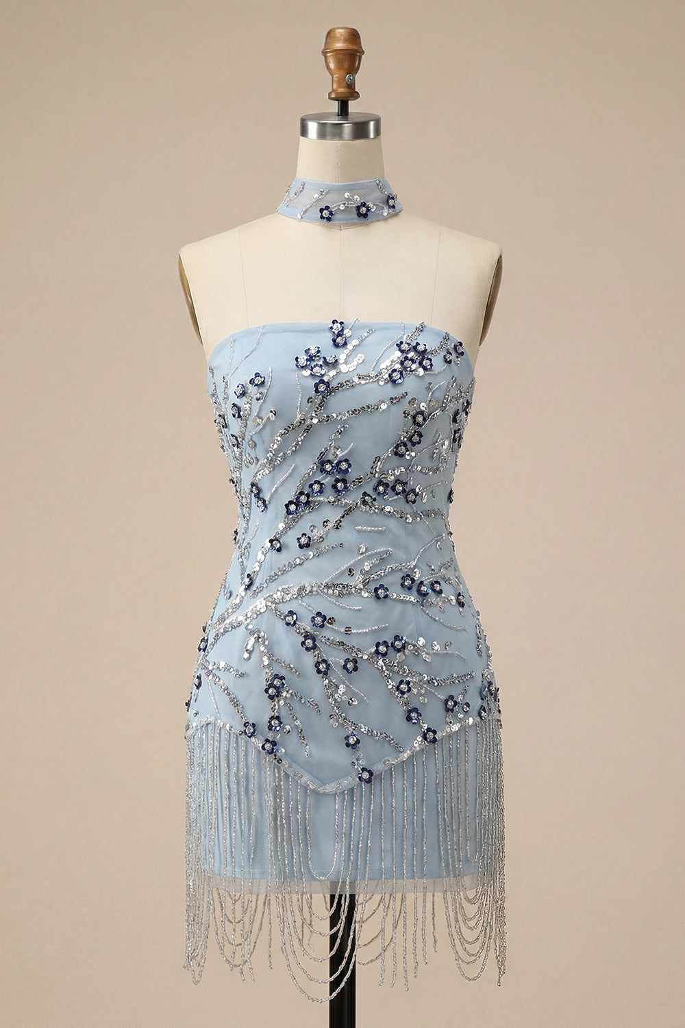 Blue Strapless Bodycon Floral Sequins Short Homecoming Dress with Fringes