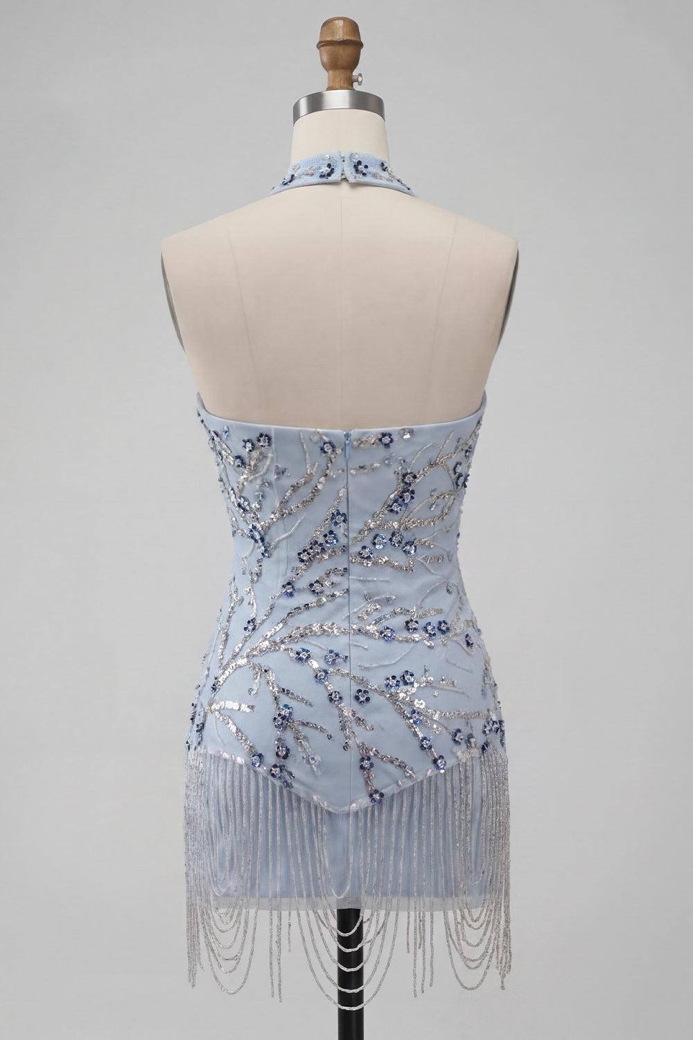 Blue Strapless Bodycon Floral Sequins Short Homecoming Dress with Fringes