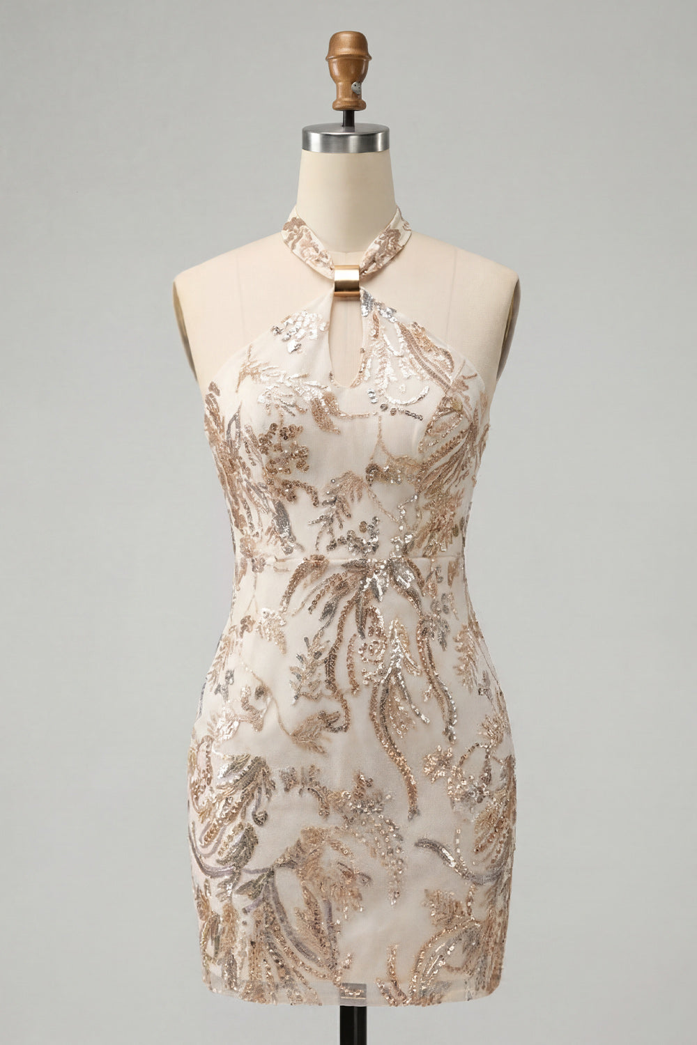Champagne Halter Neck Bodycon Sequins Backless Short Homecoming Dress