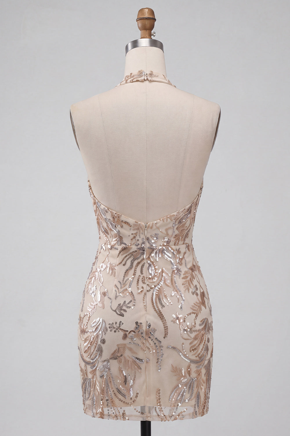 Champagne Halter Neck Bodycon Sequins Backless Short Homecoming Dress