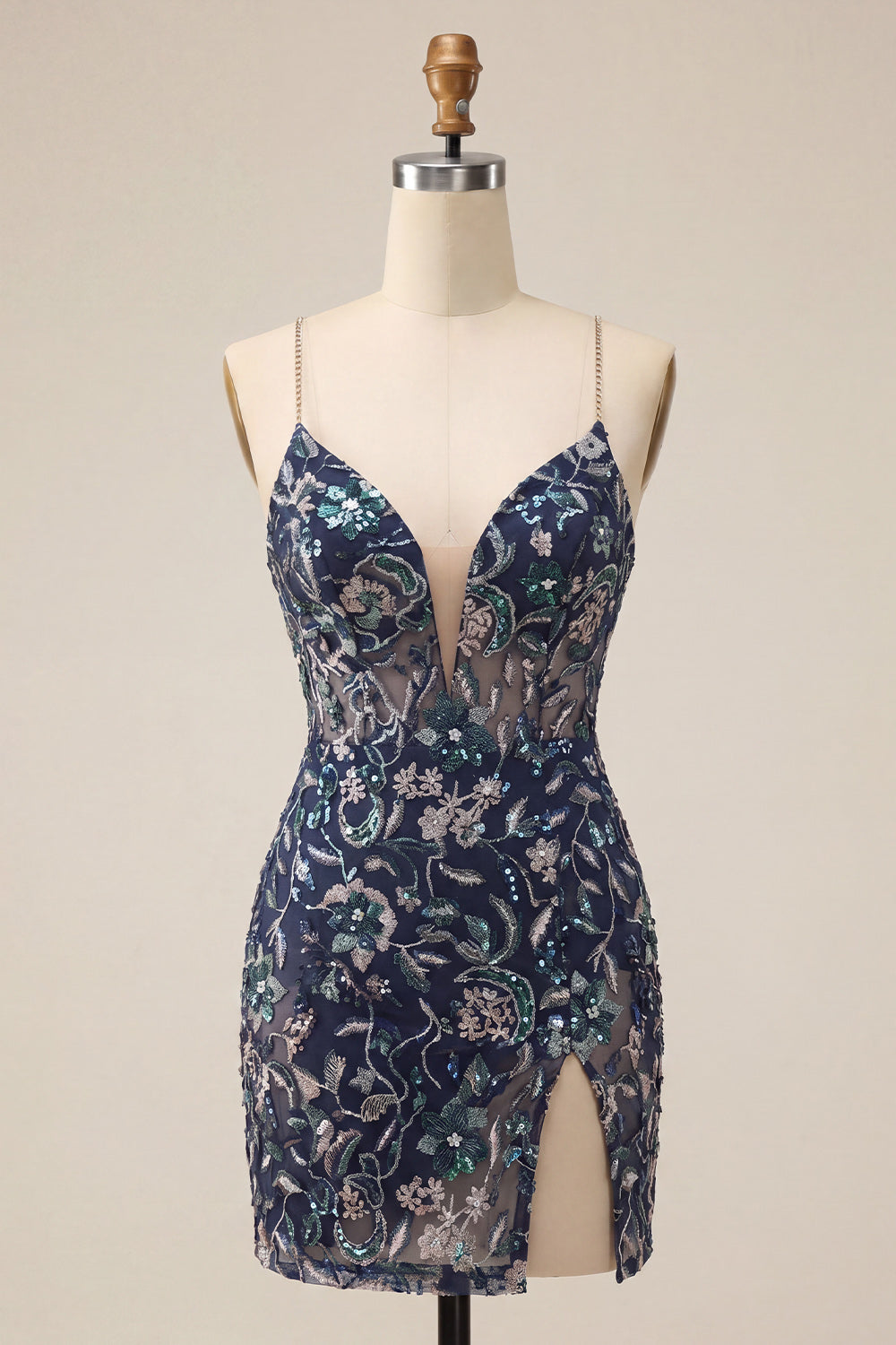 Bodycon Navy Sequins Spaghetti Straps Short Homecoming Dress with Slit