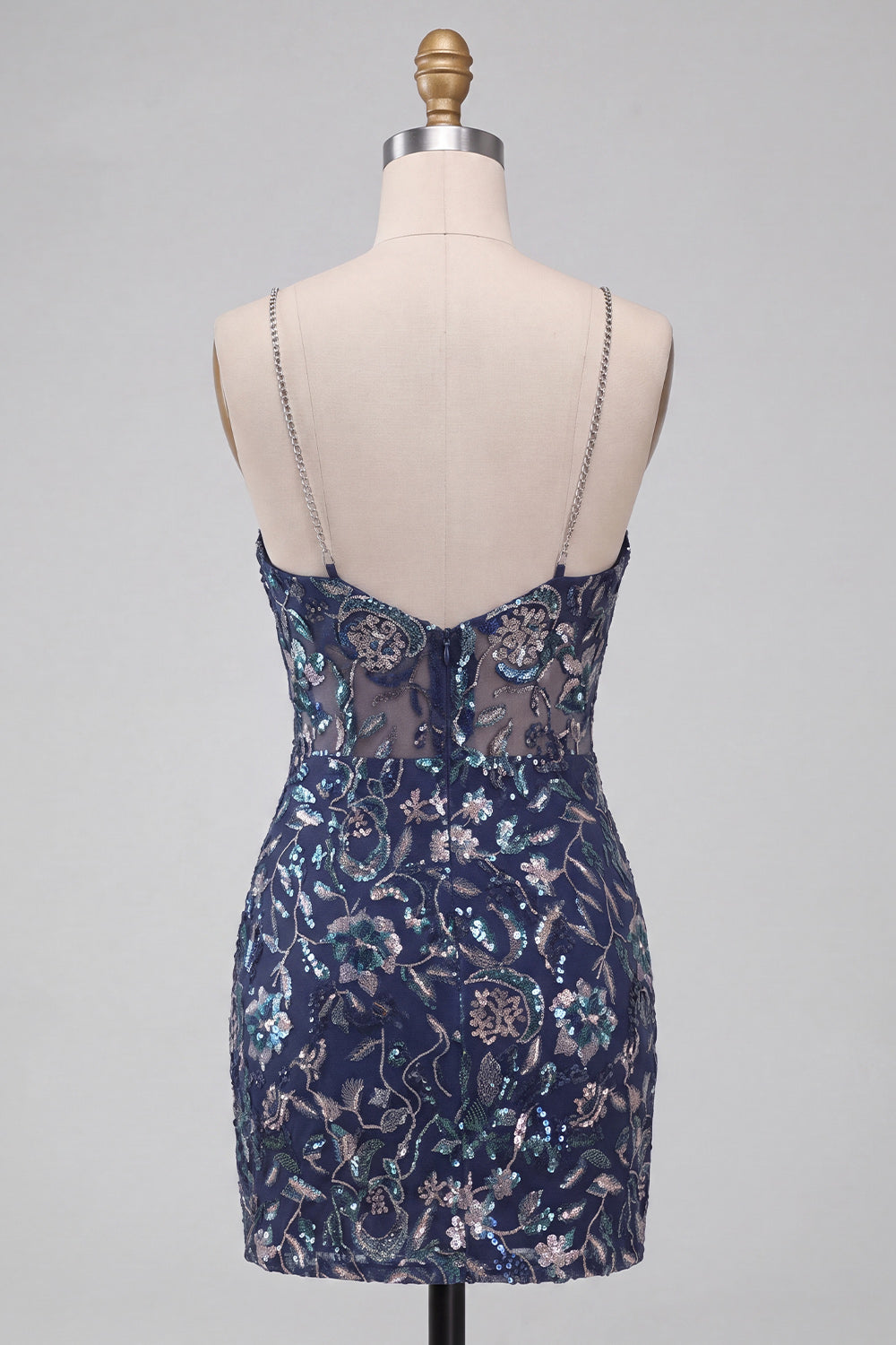 Bodycon Navy Sequins Spaghetti Straps Short Homecoming Dress with Slit