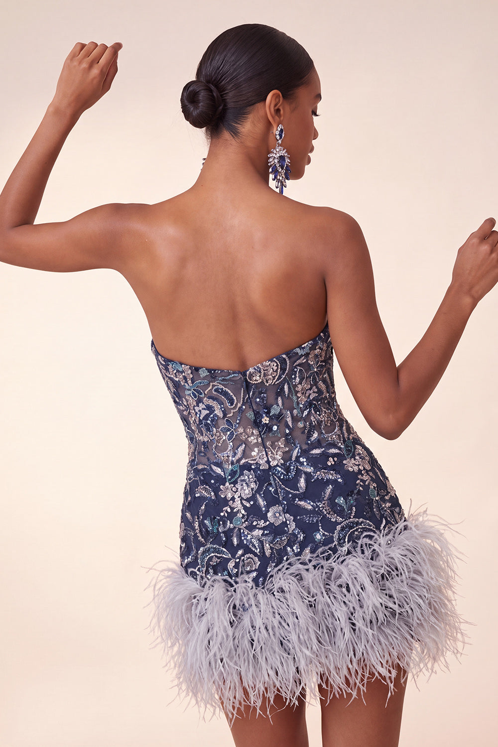 Strapless Navy Bodycon Sequins Short Homecoming Dress with Feathers