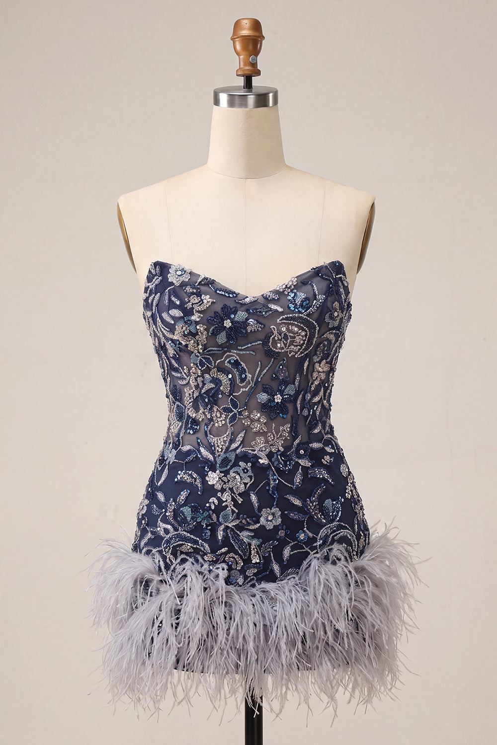 Strapless Navy Bodycon Sequins Short Homecoming Dress with Feathers
