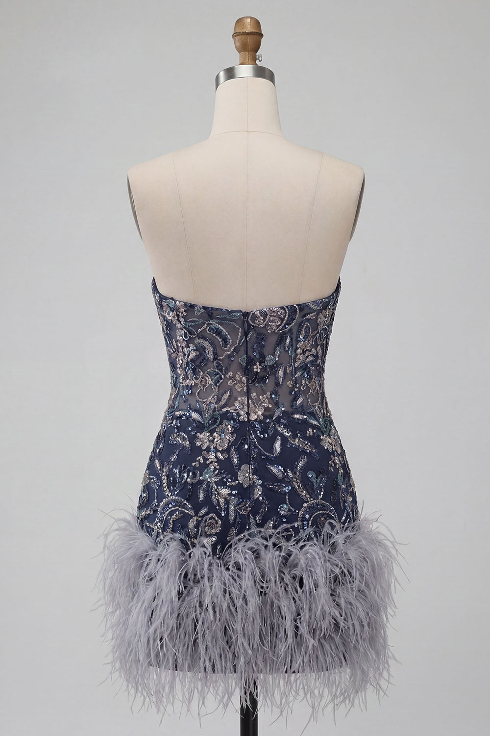 Strapless Navy Bodycon Sequins Short Homecoming Dress with Feathers