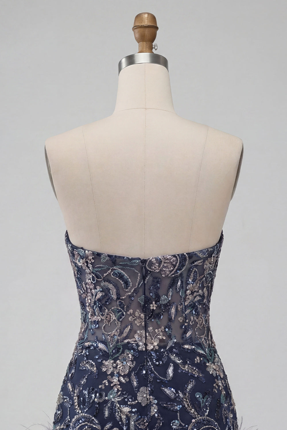 Strapless Navy Bodycon Sequins Short Homecoming Dress with Feathers