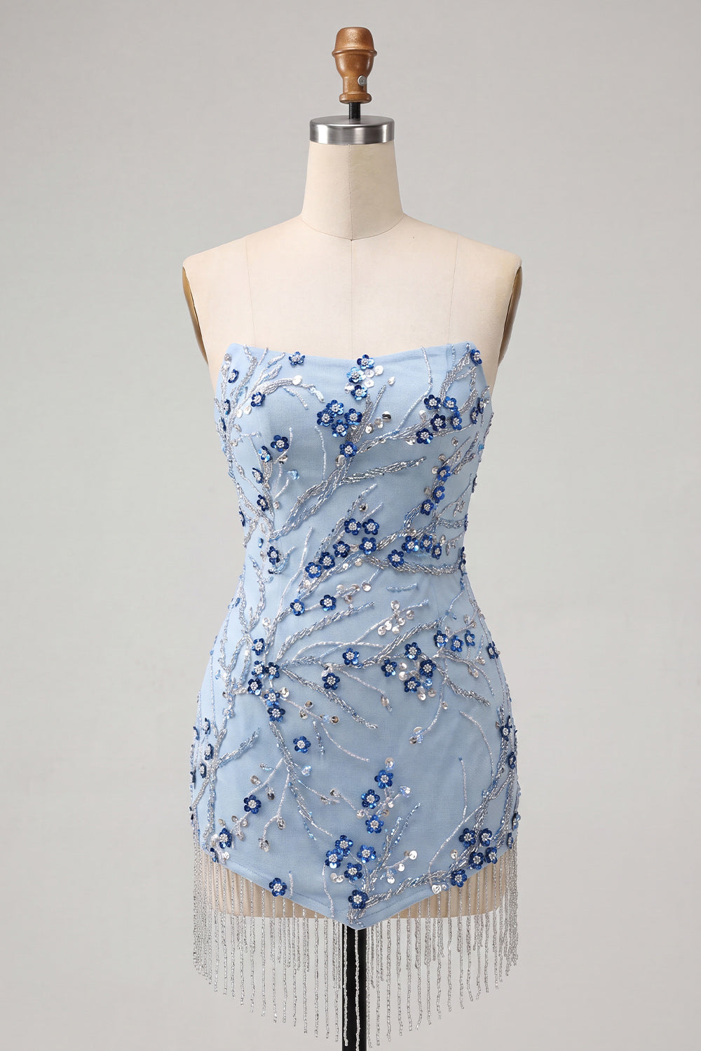 Strapless Blue Sequins Floral Short Homecoming Dress with Fringes