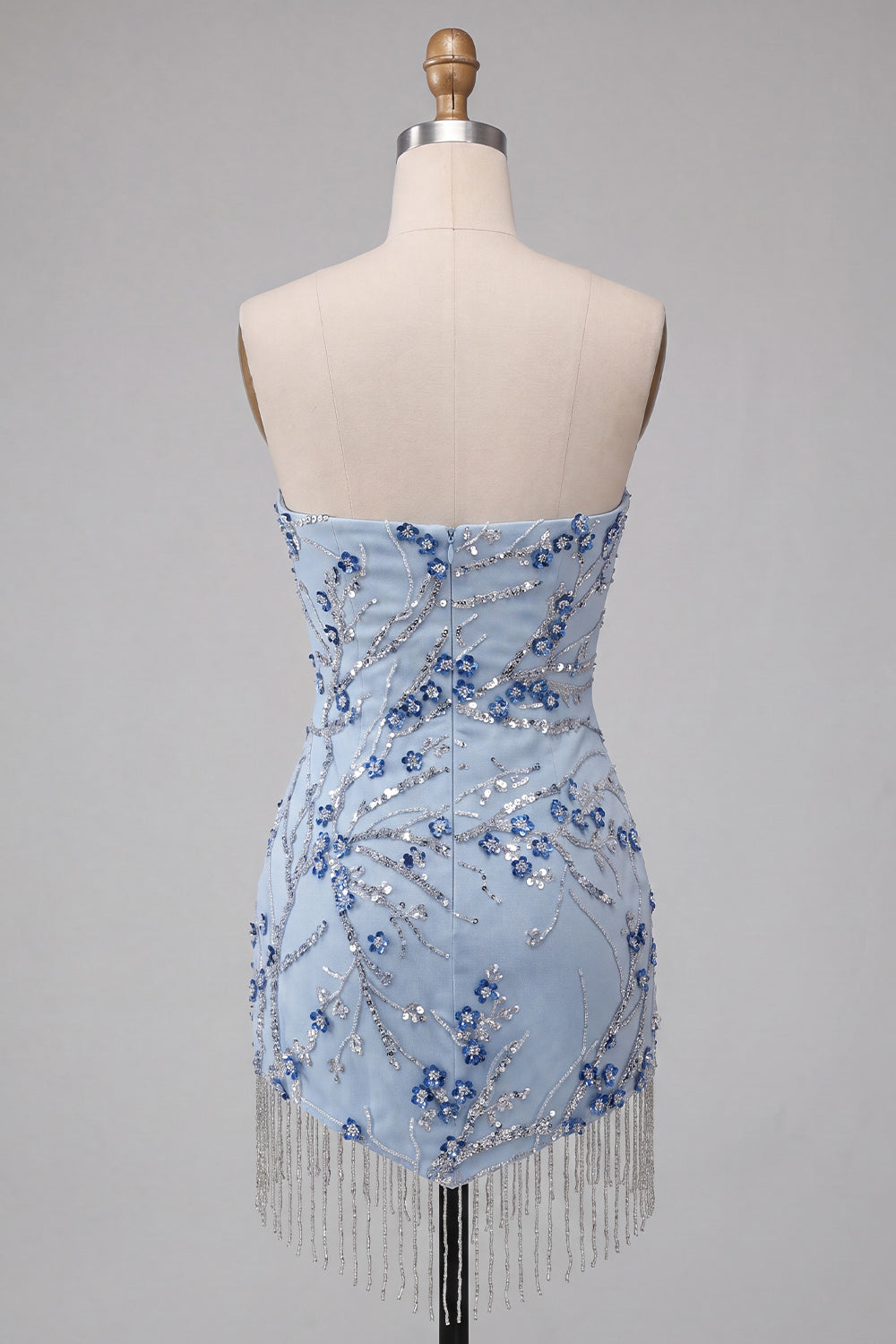Strapless Blue Sequins Floral Short Homecoming Dress with Fringes