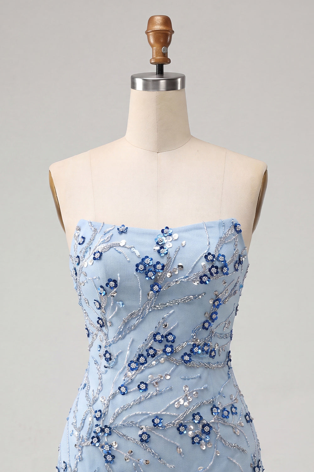 Strapless Blue Sequins Floral Short Homecoming Dress with Fringes