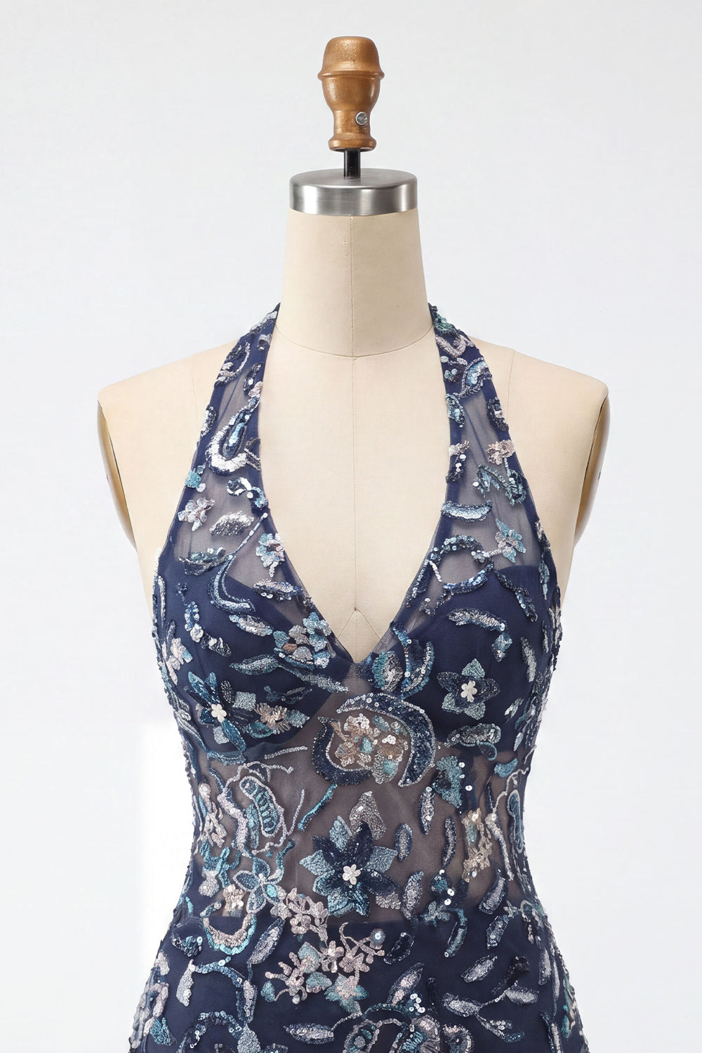 Navy Halter Neck Sequins Bodycon Floral Backless Short Homecoming Dress with Ruffles