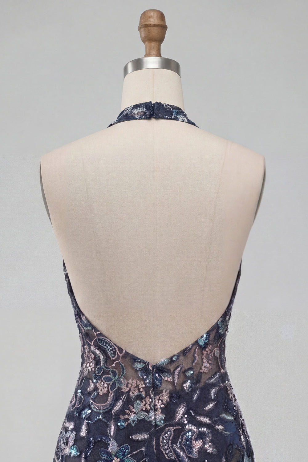 Navy Halter Neck Sequins Bodycon Floral Backless Short Homecoming Dress with Ruffles