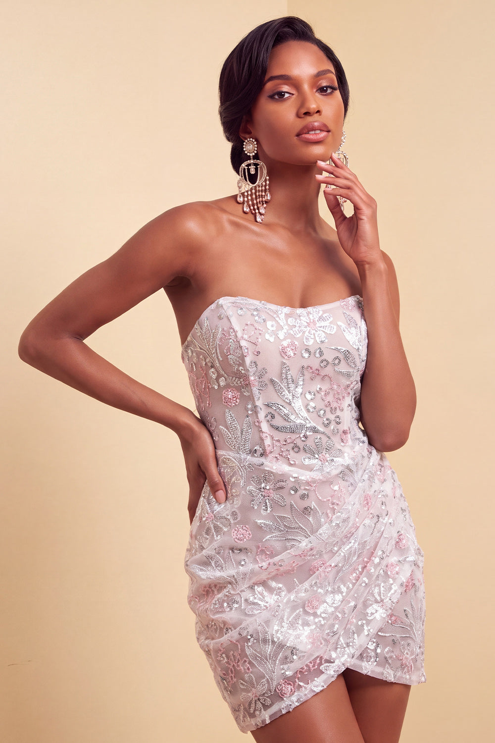 Blush Strapless Bodycon Sequined Ruched Short Homecoming Dress