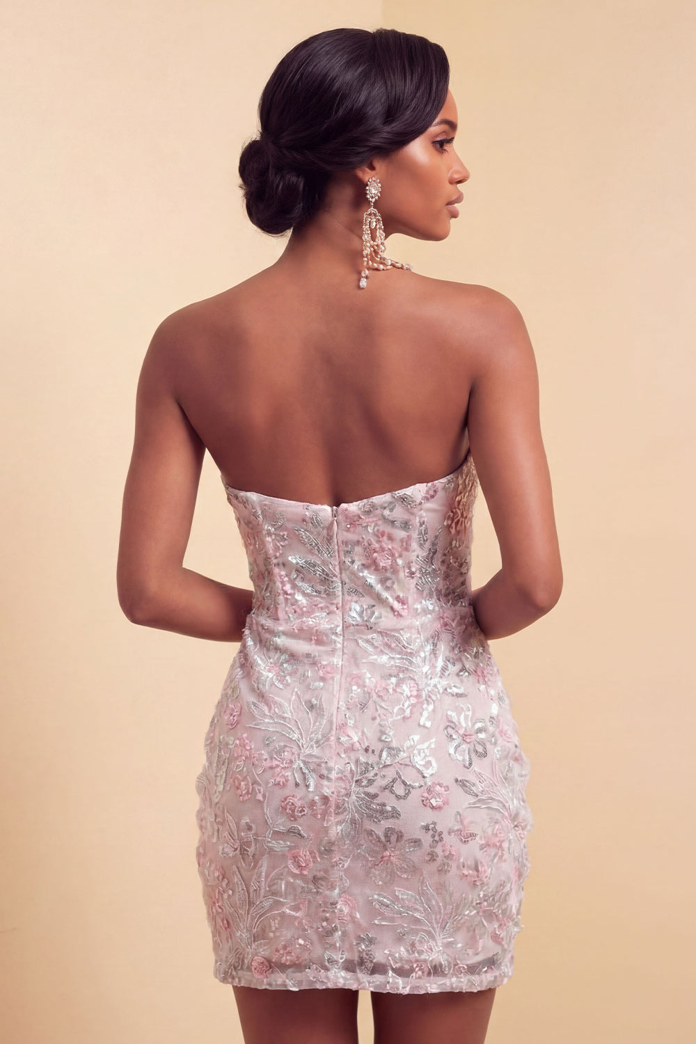 Blush Strapless Bodycon Sequined Ruched Short Homecoming Dress
