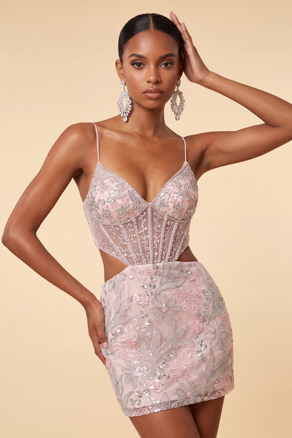 Blush Bodycon Corset Cut Out Spaghetti Straps Sequins Floral Short Homecoming Dress