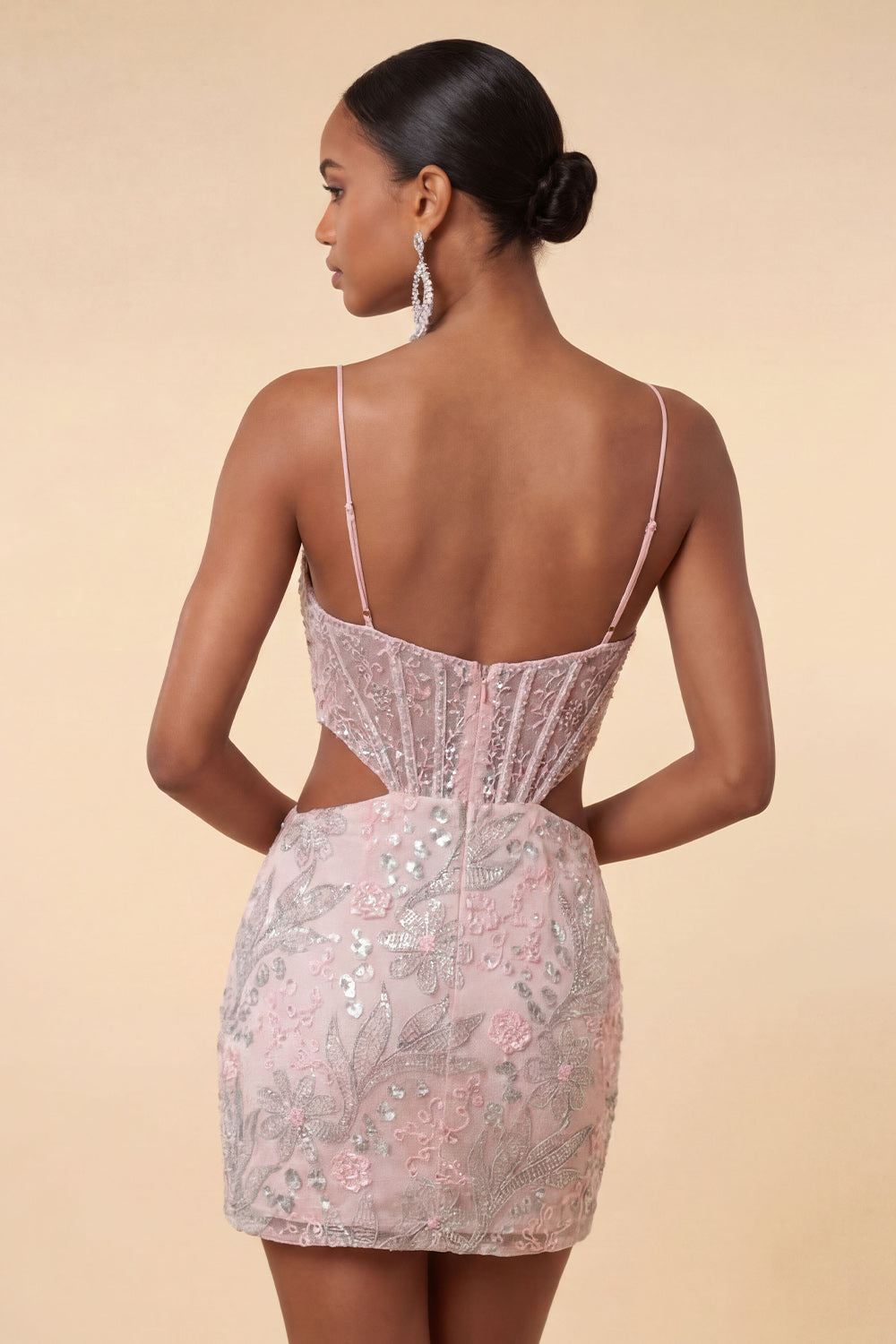 Blush Bodycon Corset Cut Out Spaghetti Straps Sequins Floral Short Homecoming Dress