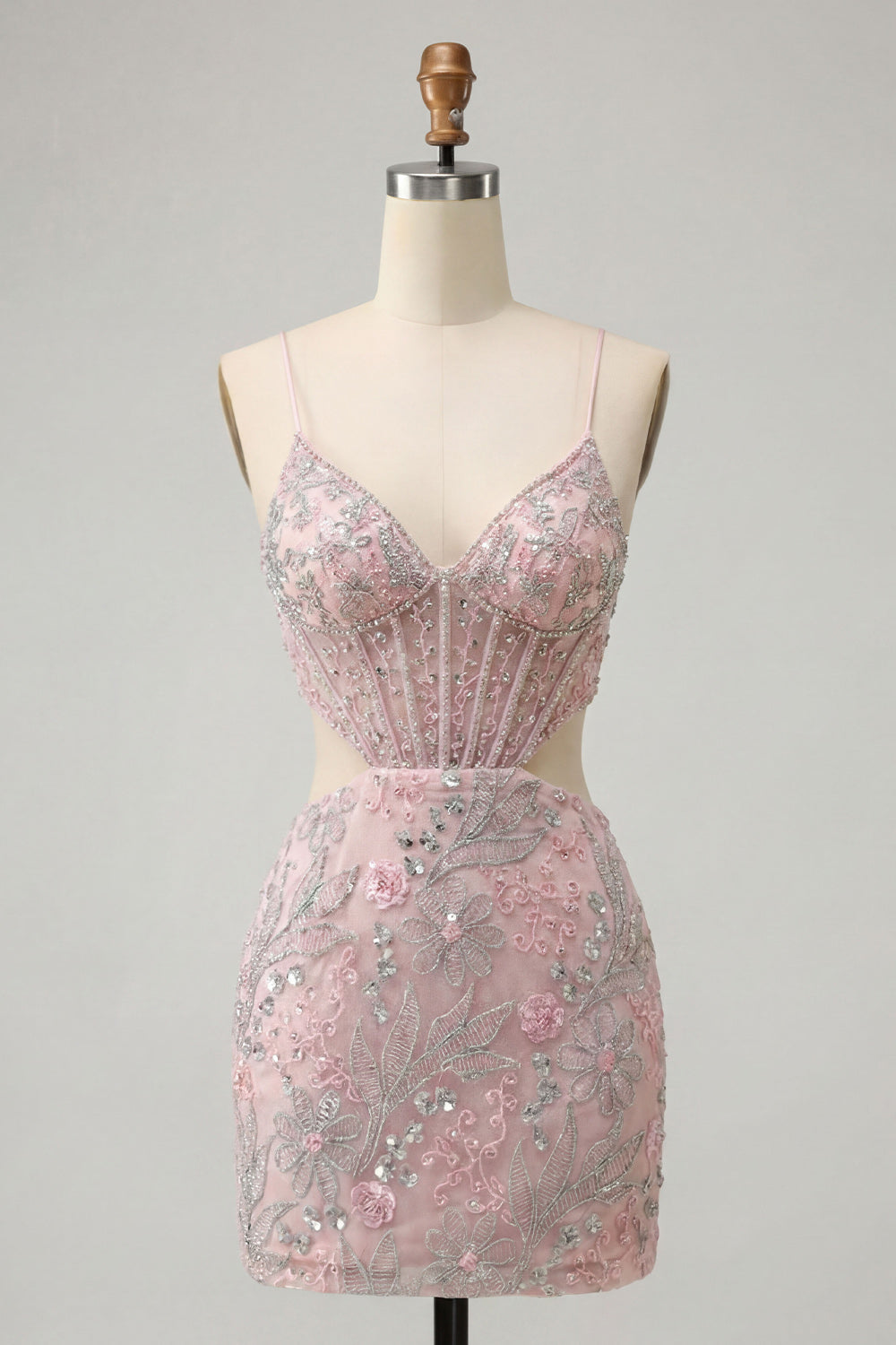 Blush Bodycon Corset Cut Out Spaghetti Straps Sequins Floral Short Homecoming Dress