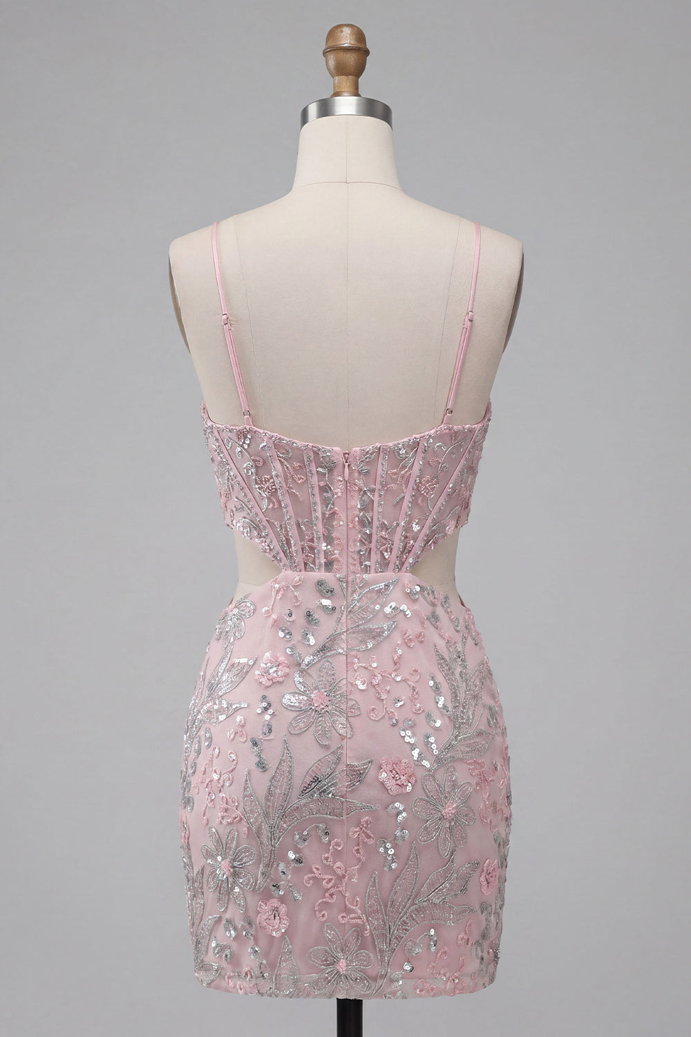 Blush Bodycon Corset Cut Out Spaghetti Straps Sequins Floral Short Homecoming Dress