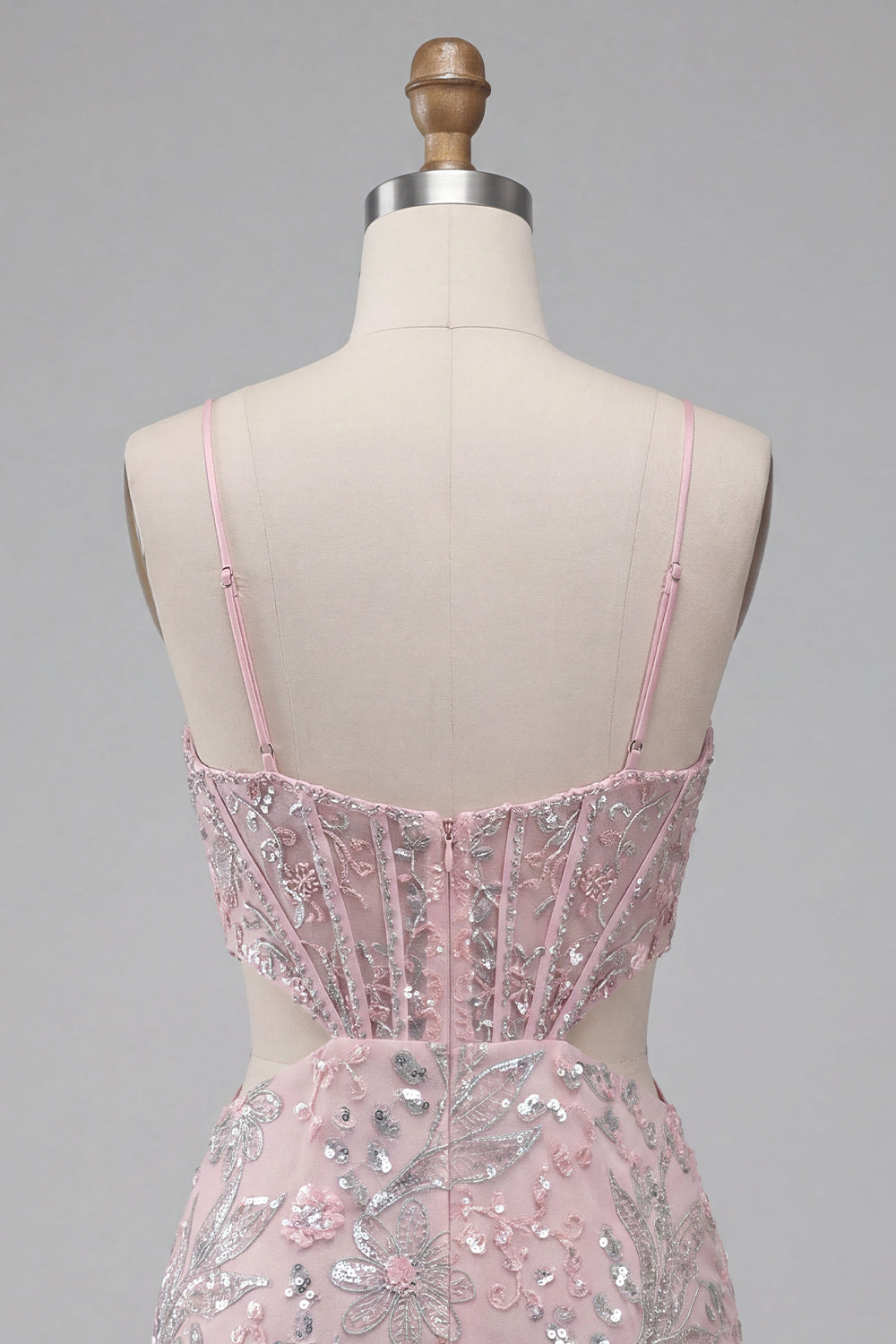 Blush Bodycon Corset Cut Out Spaghetti Straps Sequins Floral Short Homecoming Dress