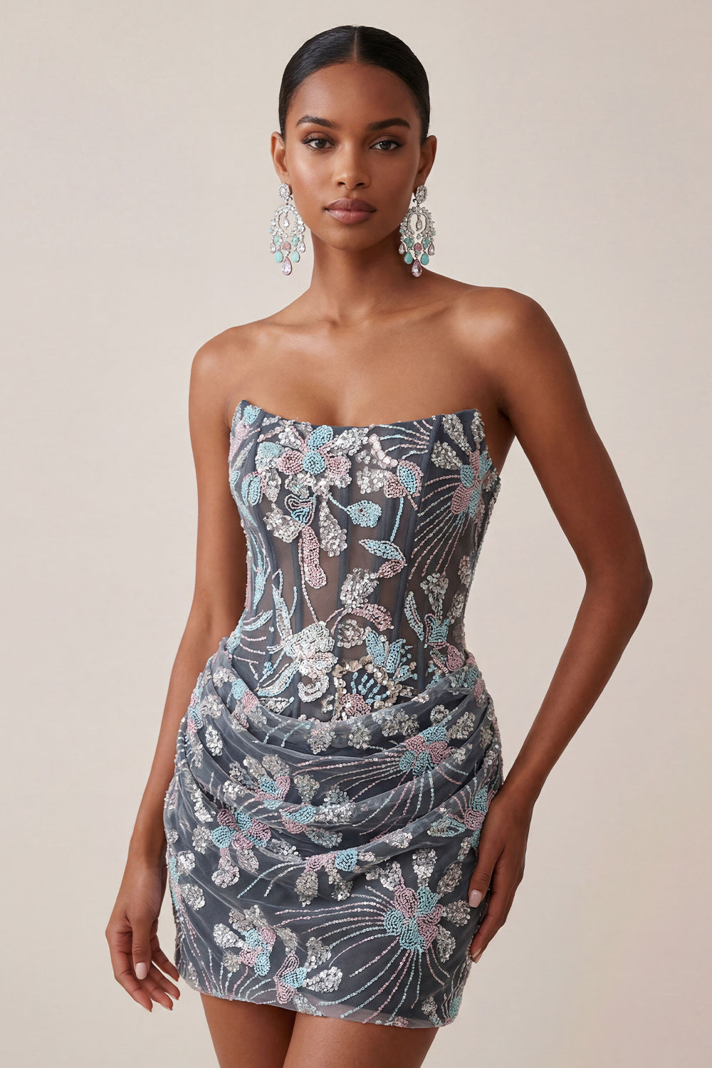 Grey Bodycon Strapless Corset Ruched Sequins Floral Short Homecoming Dress