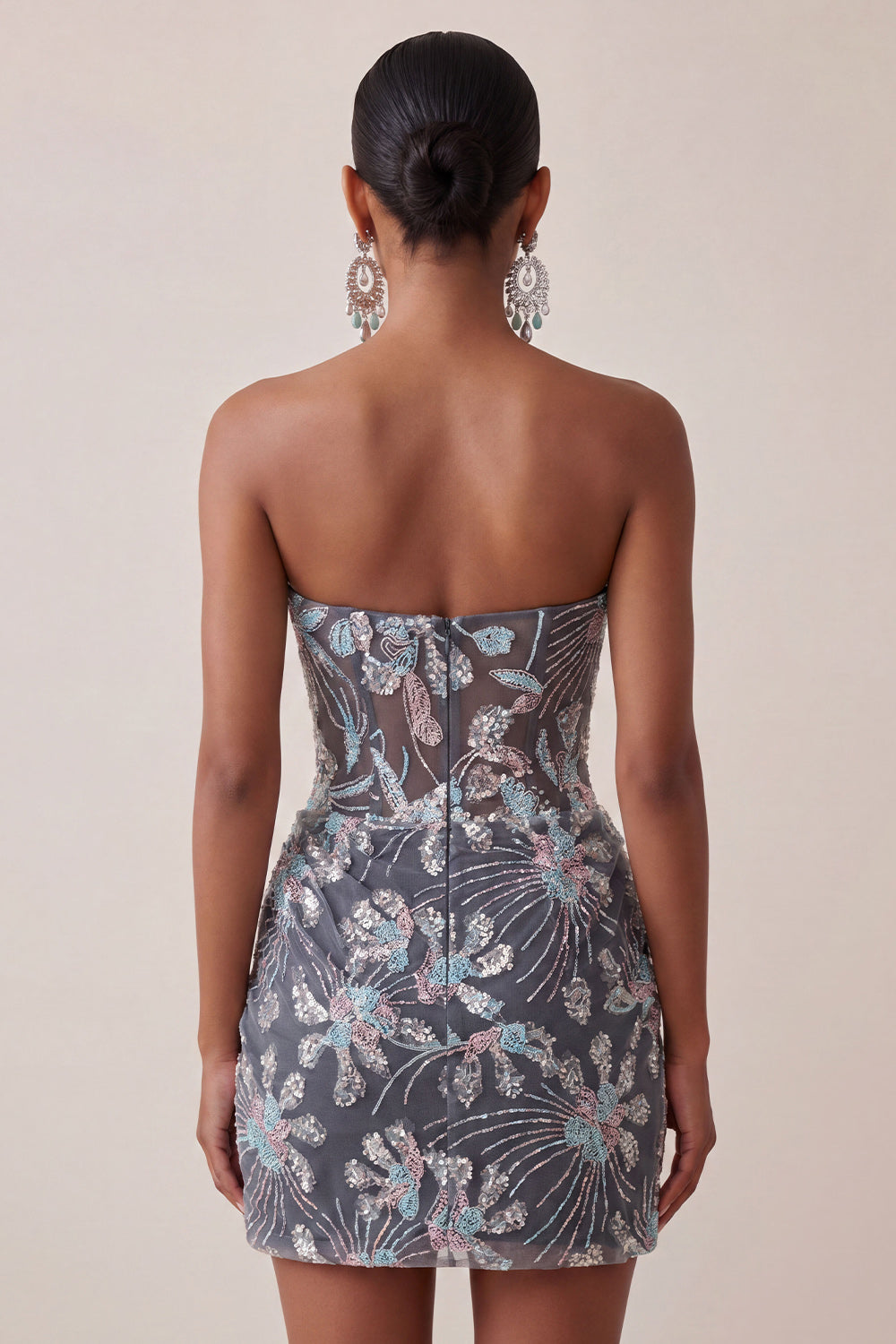 Grey Bodycon Strapless Corset Ruched Sequins Floral Short Homecoming Dress