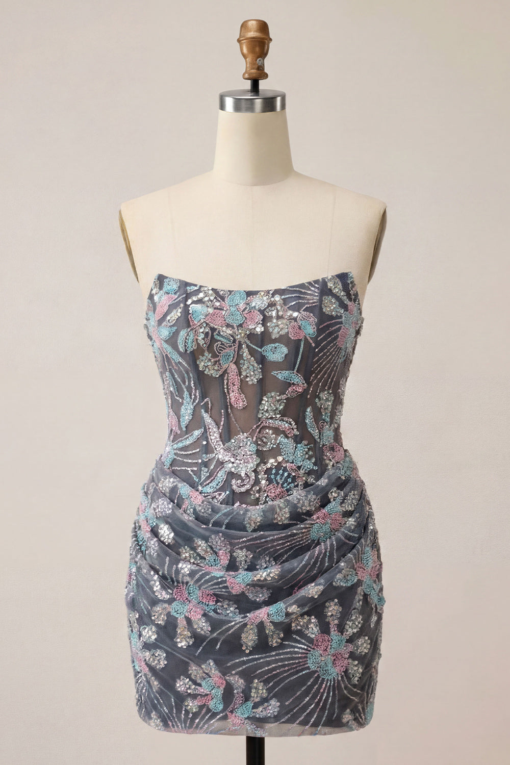 Grey Bodycon Strapless Corset Ruched Sequins Floral Short Homecoming Dress