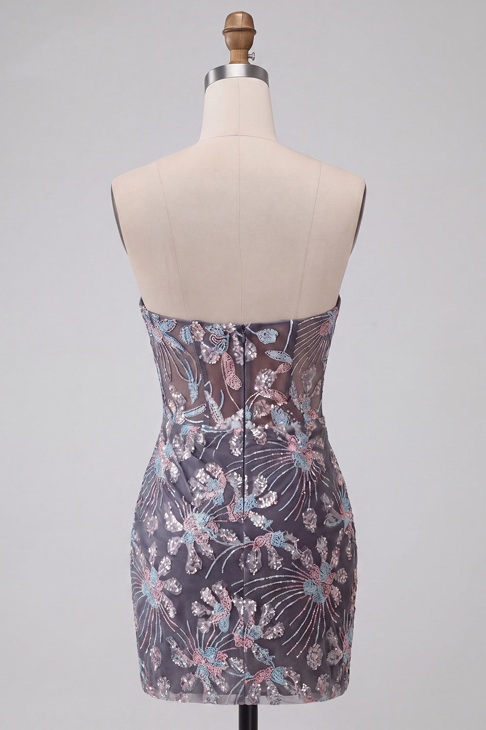 Grey Bodycon Strapless Corset Ruched Sequins Floral Short Homecoming Dress