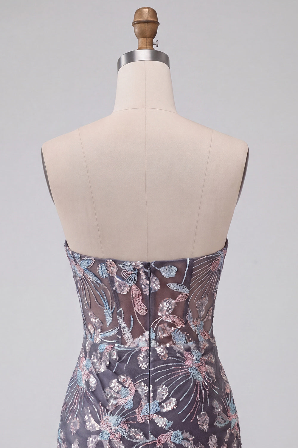 Grey Bodycon Strapless Corset Ruched Sequins Floral Short Homecoming Dress