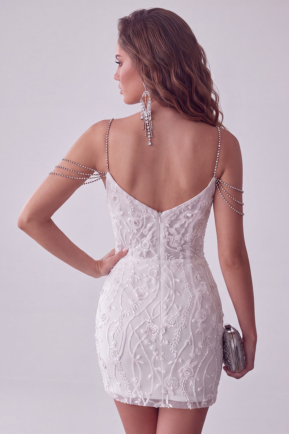 White Off The Shoulder Beaded Bodycon Short Homecoming Dress with Rhinestones