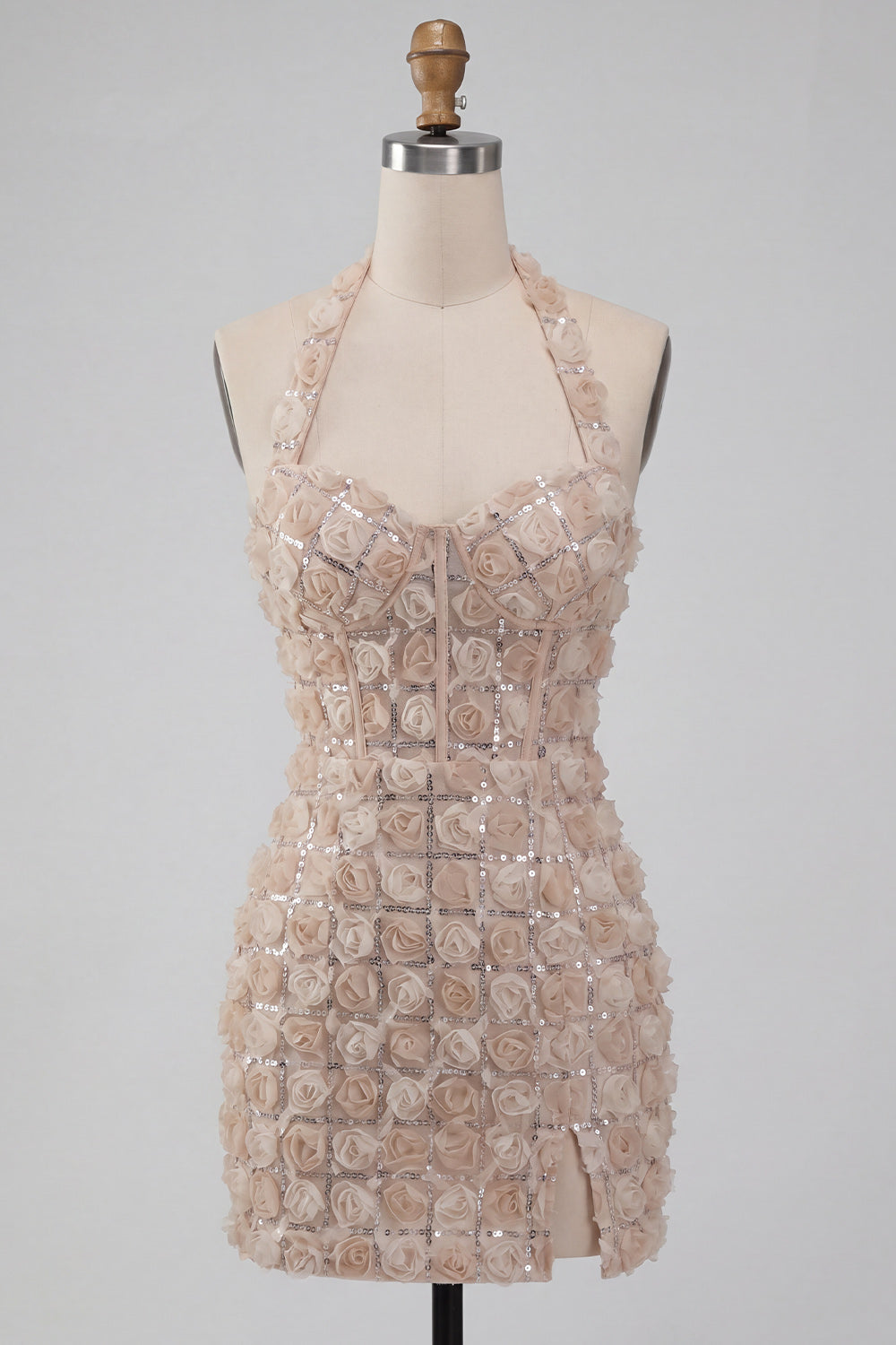 Champagne Halter Neck Short Bodycon Floral Homecoming Dress with Sequins