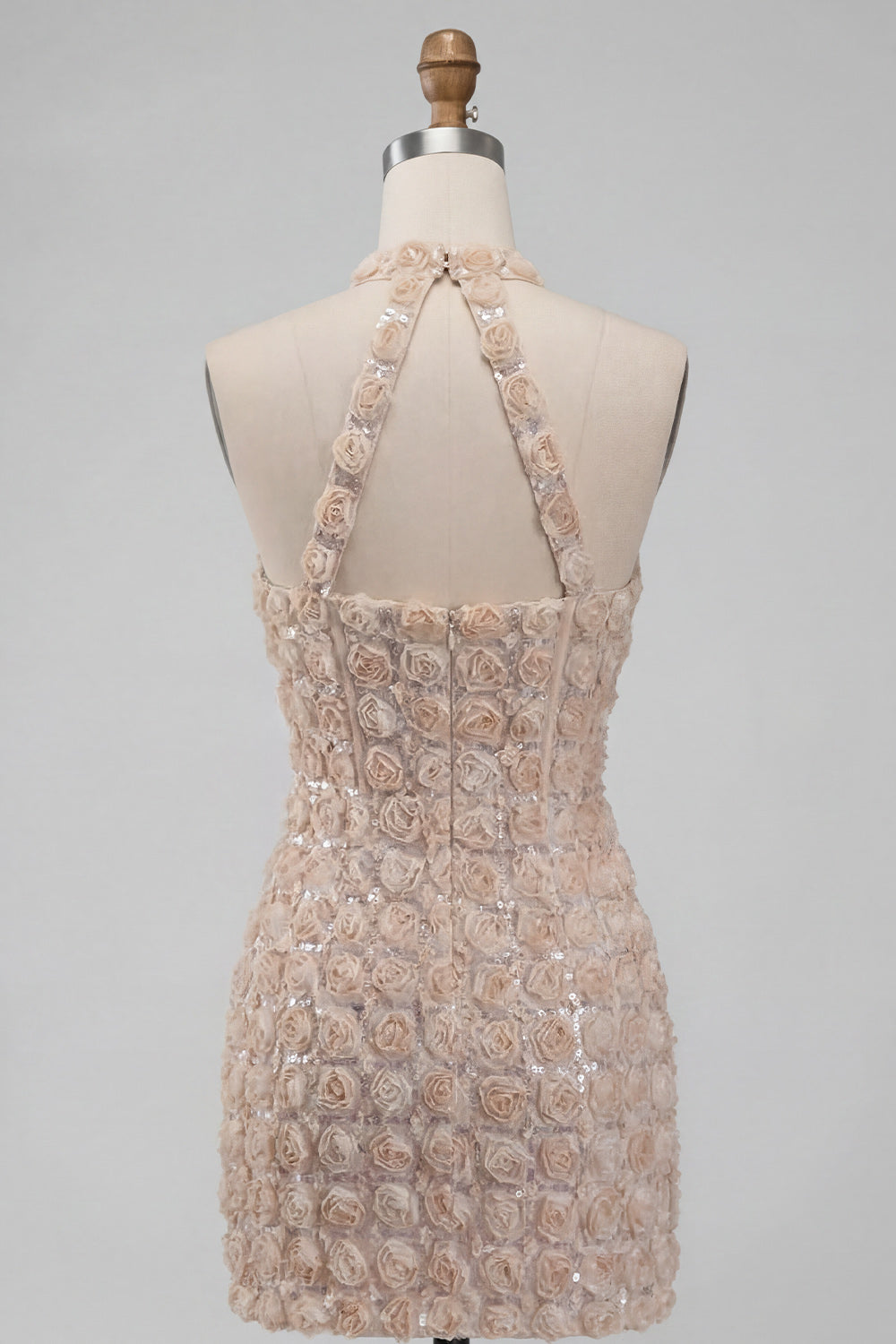 Champagne Halter Neck Short Bodycon Floral Homecoming Dress with Sequins