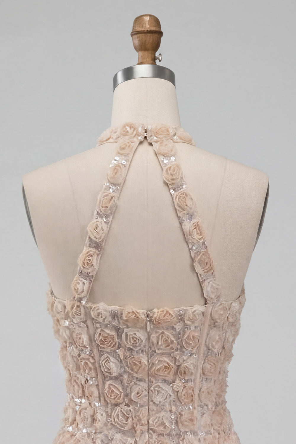 Champagne Halter Neck Short Bodycon Floral Homecoming Dress with Sequins
