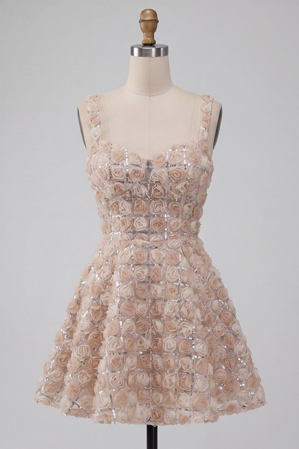 A-Line Champagne Floral Short Thick Straps Cocktail Dress with Sequins