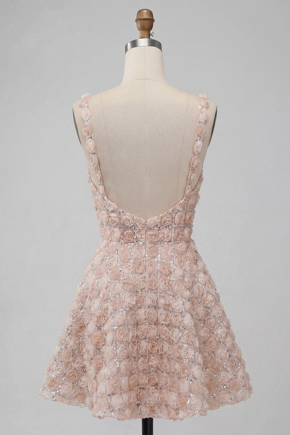 A-Line Champagne Floral Short Thick Straps Cocktail Dress with Sequins