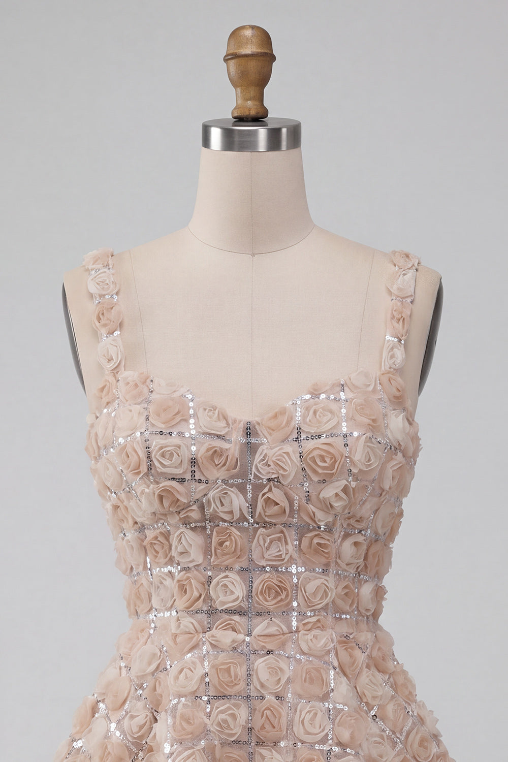 A-Line Champagne Floral Short Thick Straps Cocktail Dress with Sequins