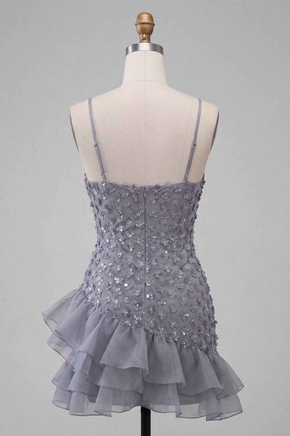 Bodycon Dusty Lavender Floral Spaghetti Straps Short Homecoming Dress with Ruffles