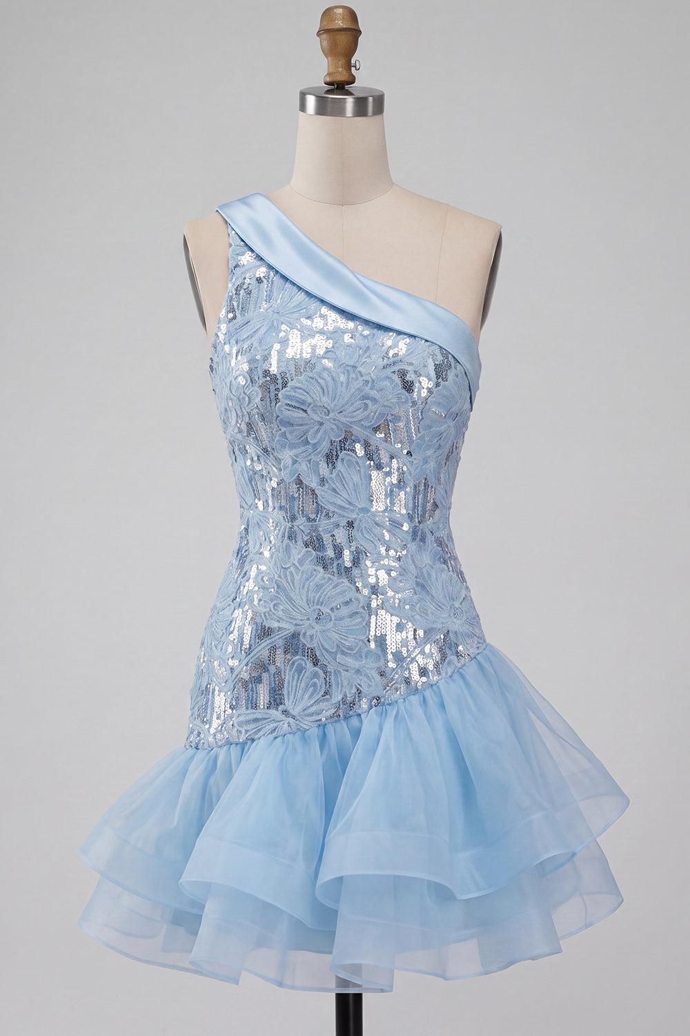 Sky Blue One Shoulder Floral Sequins Short Homecoming Dress with Ruffles