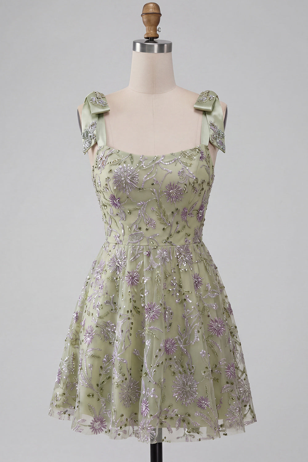 Dusty Sage A-Line Floral Thick Straps Short Homecoming Dress with Beading