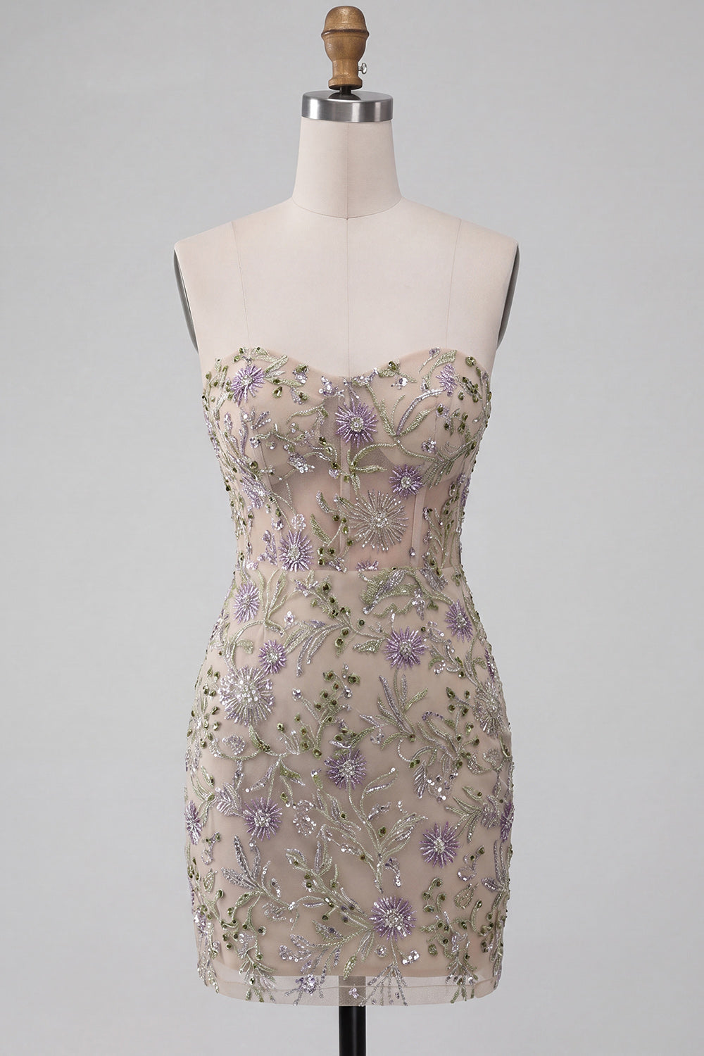 Sweetheart Dusty Sage Floral Sheer Corset Beaded Bodycon Short Homecoming Dress